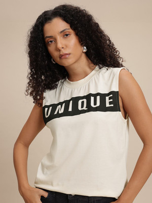 Roadster Printed Women Round Neck White T-Shirt