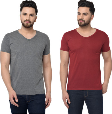 Adorbs Trend Solid Men V Neck Maroon, Grey T-Shirt