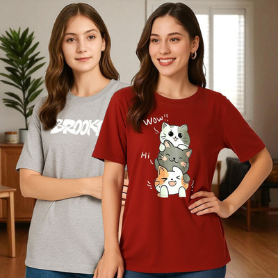 Elvia Graphic Print Women Round Neck Maroon, Grey T-Shirt