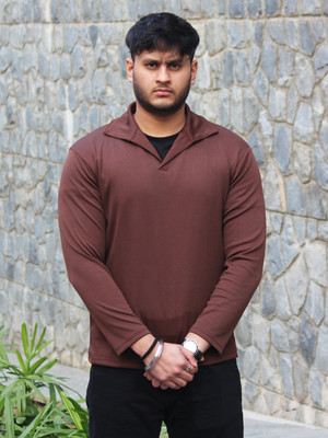 LIME Self Design Men Polo Neck Brown T-Shirt