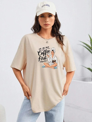 Hivewear Printed Women Round Neck Beige T-Shirt
