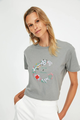 Trendyol Printed Women Round Neck Grey T-Shirt