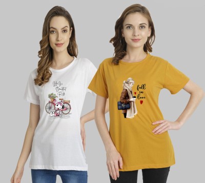 METRONAUT Printed Women Round Neck White, Yellow T-Shirt