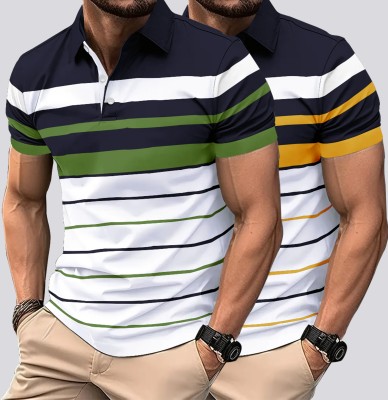 EyeBogler Striped Men Polo Neck Yellow, Green T-Shirt