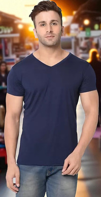 FARICON Solid Men V Neck Dark Blue T-Shirt