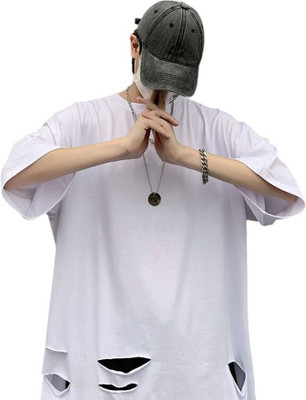 R World Solid Men Round Neck White T-Shirt