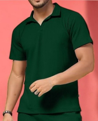 INDICLUB Solid Men Polo Neck Green T-Shirt