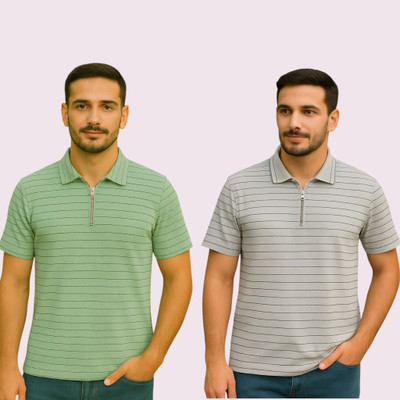 METRONAUT Striped Men Polo Neck Light Green, Grey T-Shirt