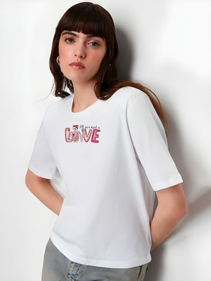 Dressberry Graphic Print Women Round Neck White T-Shirt