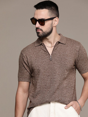 Roadster Self Design Men Polo Neck Brown T-Shirt