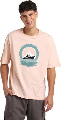 NOBERO Graphic Print Men Crew Neck Pink T-Shirt