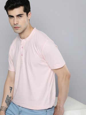 ether Solid Men Henley Neck Pink T-Shirt