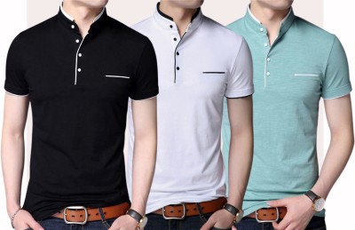 GlobyCraft Solid Men Mandarin Collar Multicolor T-Shirt