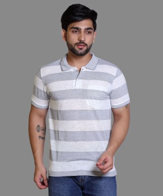 HouseOfCommon Striped Men Polo Neck White, Blue T-Shirt