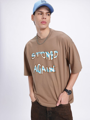 Glitchez Printed Men Round Neck Brown T-Shirt