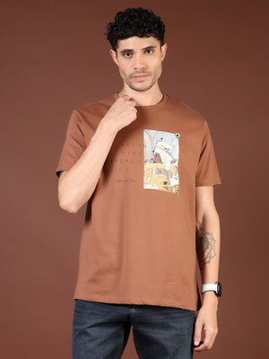 V-MART Printed Men Round Neck Brown T-Shirt