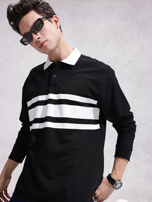 WROGN Striped Men Polo Neck Brown T-Shirt