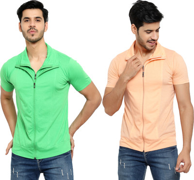 Adorbs Solid Men Polo Neck Green, Beige T-Shirt