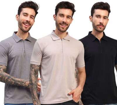 MONTCLAIR Solid Men Polo Neck Black, Grey, Beige T-Shirt