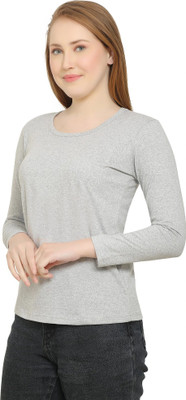 Vuzzan Solid Women Round Neck Grey T-Shirt