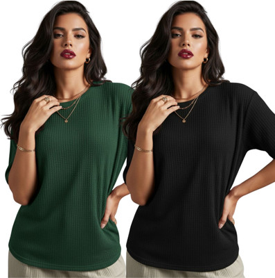 VDTREND Self Design Women Round Neck Black T-Shirt