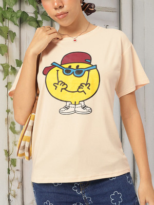 Dressberry Printed Women Round Neck Yellow, Beige T-Shirt