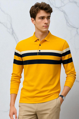 FASHIUM Striped Men Polo Neck Yellow T-Shirt