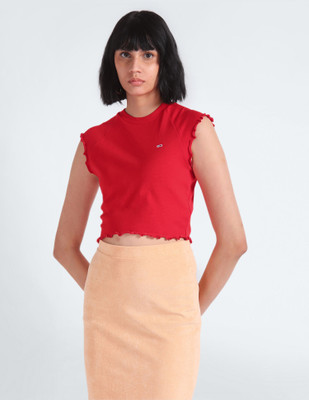 TOMMY HILFIGER Embroidered Women Round Neck Red T-Shirt