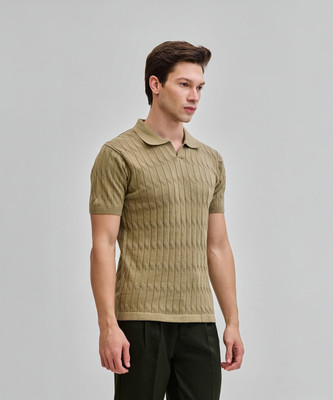 Snitch Striped Men Polo Neck Beige T-Shirt