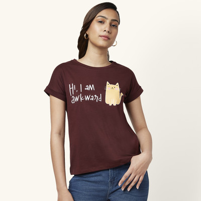 PEOPLE Printed Women Round Neck Brown T-Shirt