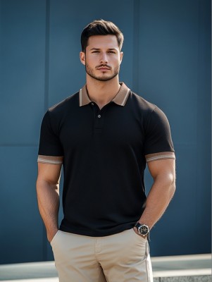 Veirdo Solid Men Polo Neck Black T-Shirt