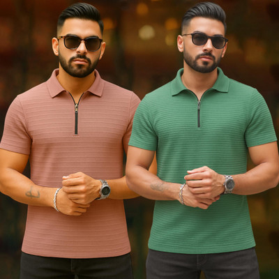 Fabflee Self Design Men Zip Neck Multicolor T-Shirt
