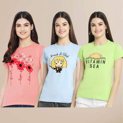METRONAUT Printed Women Round Neck Multicolor T-Shirt