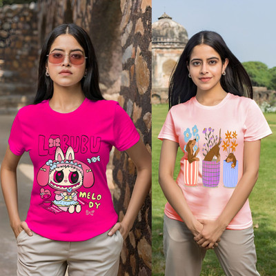 Kasendra Printed Women Round Neck Pink T-Shirt