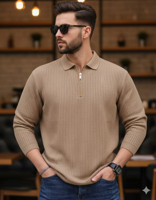 Siya Fashion Solid Men Zip Neck Beige T-Shirt
