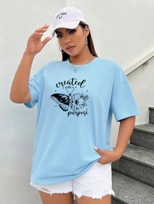 HouseOfCommon Graphic Print Women Round Neck Light Blue T-Shirt