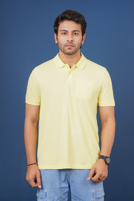 Hopping Deer on Redline Solid Men Polo Neck Yellow T-Shirt