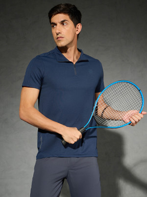 TECHNOSPORT Solid Men Polo Neck Navy Blue T-Shirt