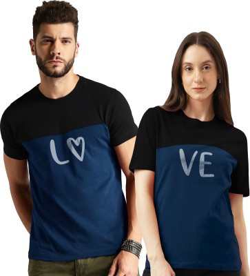 AV Fashion Solid Couple Round Neck Blue T-Shirt