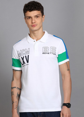 United Colors of Benetton Printed Men Polo Neck White T-Shirt