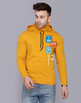 SLOWLORIS Printed Men Hooded Neck Yellow, White T-Shirt