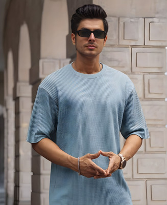 COPEHHI Self Design Men Round Neck Blue T-Shirt