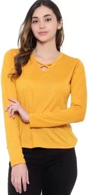 RLP Solid Women V Neck Yellow T-Shirt