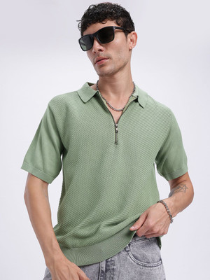 Glitchez Solid Men Polo Neck Green T-Shirt