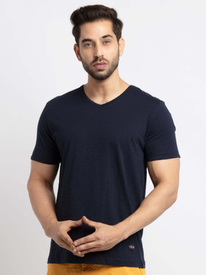 Status Quo Solid Men V Neck Navy Blue T-Shirt