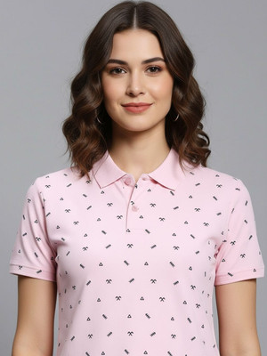 TIMBER HITCH Printed Women Polo Neck Pink T-Shirt