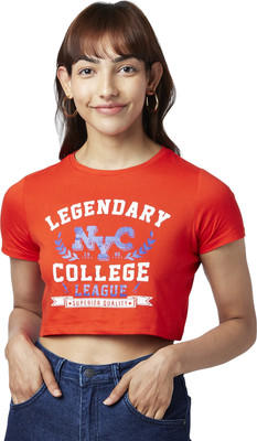 PEOPLE Printed Women Round Neck Red T-Shirt
