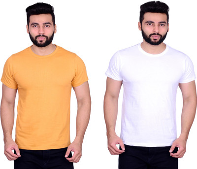 La Milano Solid Men Round Neck White, Beige T-Shirt