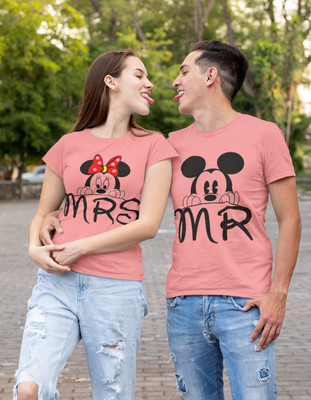 DEE LEAF Printed Couple Round Neck Pink T-Shirt