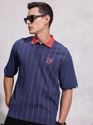 WROGN Striped Men Polo Neck Blue T-Shirt
